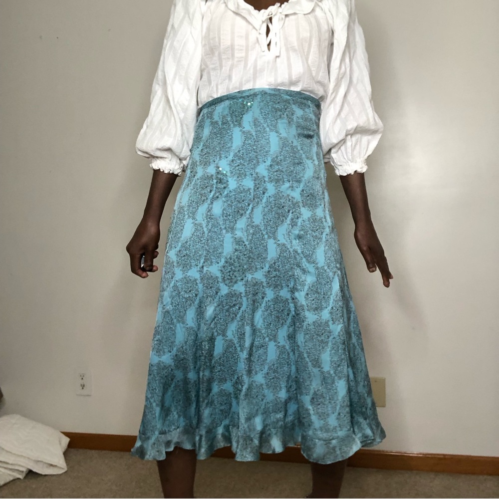VINTAGE | Marshall Fields Silk Chiffon Sequin A-Line MIDI Blue Panelled Skirt